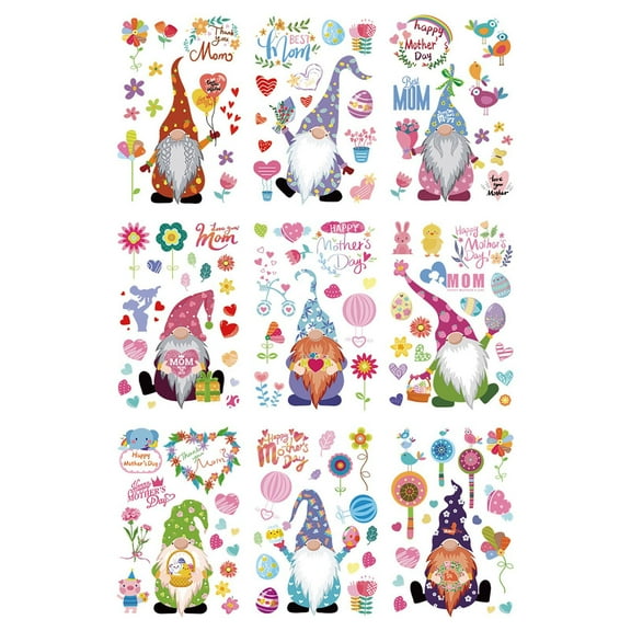 Mother's Day Window Clings - 9 Sheets, Multicolor Cartoon Gnome Decals - Waterproof PVC Stickers for Glass, Ceramic, Refrigerator - Happy Mother's Day Window Decor