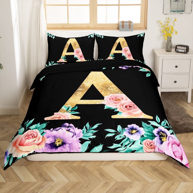 Erosebridal Housse de Couette Lettre A Initiale Double, Ensembles de Literie Princesse Rose Taille Double, Housse de Couette Réversible Monogrammée Or Double, Décoratif de Chambre Respirant, 3 Pcs(Sans Couette)
