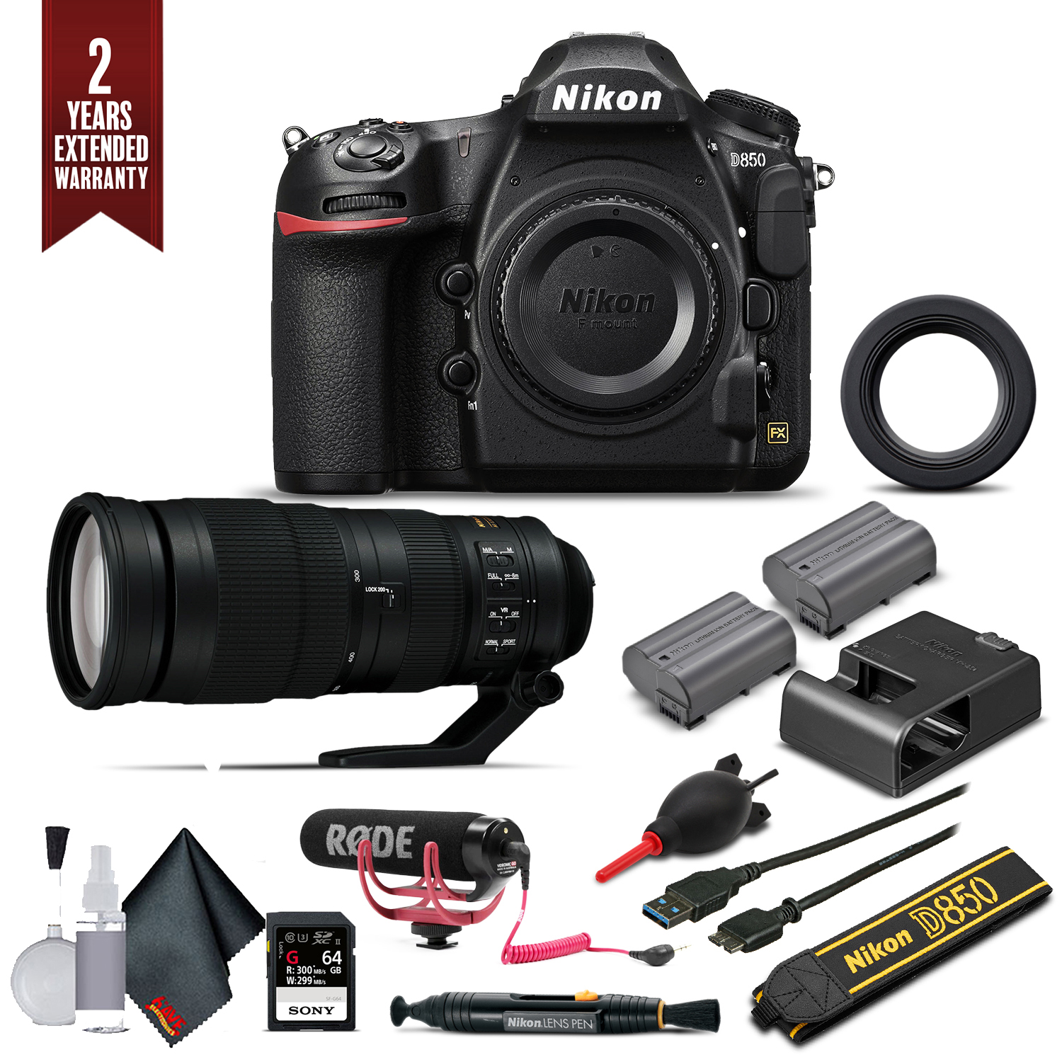 Nikon D850 Digital SLR Camera W/ Nikon AF-S FX NIKKOR 200-500mm f/5.6E ED Lens, Mic, Extra Battery, and More. (Intl Model) - image 1 of 4