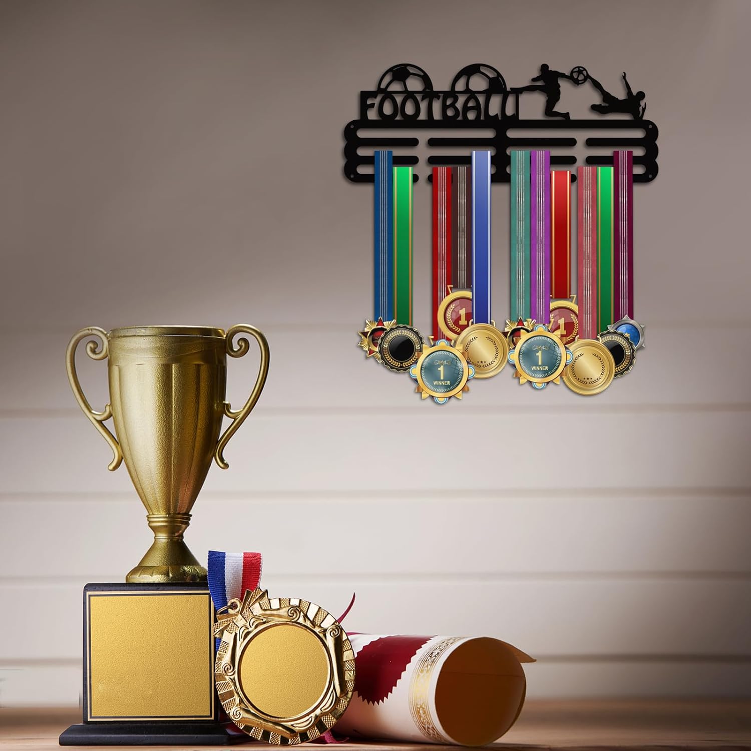 Football Medal Hanger Soccer Medal Holder Ball Medals Display Frame Awards Sports Ribbon Holder Medal Rack Display Rack Wall Mount Tiered Medal Hook DIY