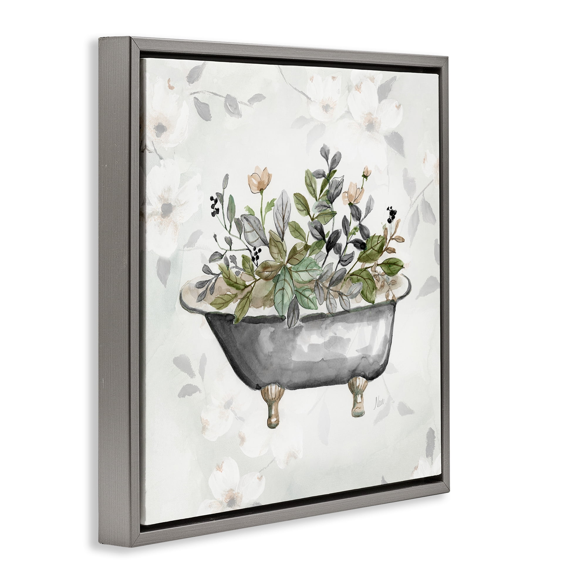 Stupell Industries Leaf Patterned Tub Typography Painting Gray Floater Framed Canvas Art Print Wall Art, 18 x 18