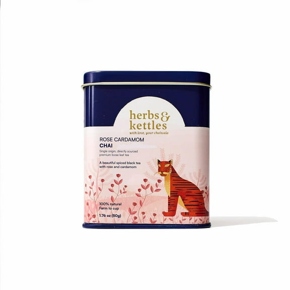 Herbs & Kettles Rose Cardamom Chai | Assam Black Tea with Rose Petals, Green Cardamom, Ginger, Cinnamon & Cloves | Floral Loose Leaf Blend | Makes 10–14 Servings | Premium Gift for Tea Lovers