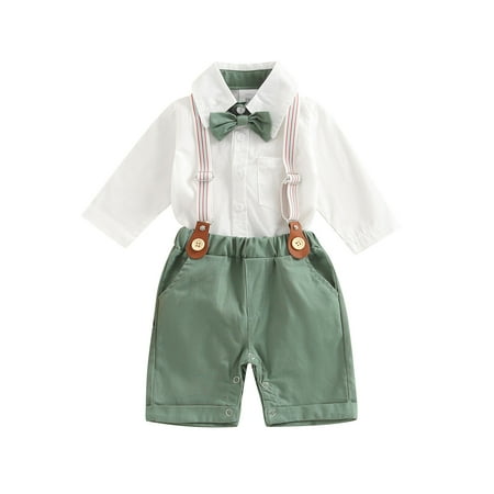 

3Pcs Toddler Gentleman Clothes Suit 1-3 Years Boy Long Sleeve Lapel Neck Shirt Romper with Bow Tie Shorts Suspender Shoulder Strap