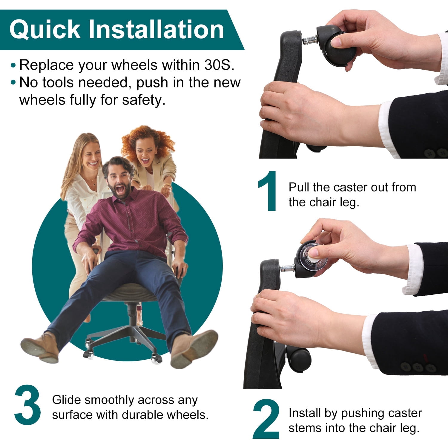 5Pcs Universal Heavy Duty Office Chair Casters, 2 Inch (Approx. 5.1 cm) Heavy Duty Replacement Office Chair Wheels, Silent Rubber, Fits All Floors, Including Hardwood and Carpet