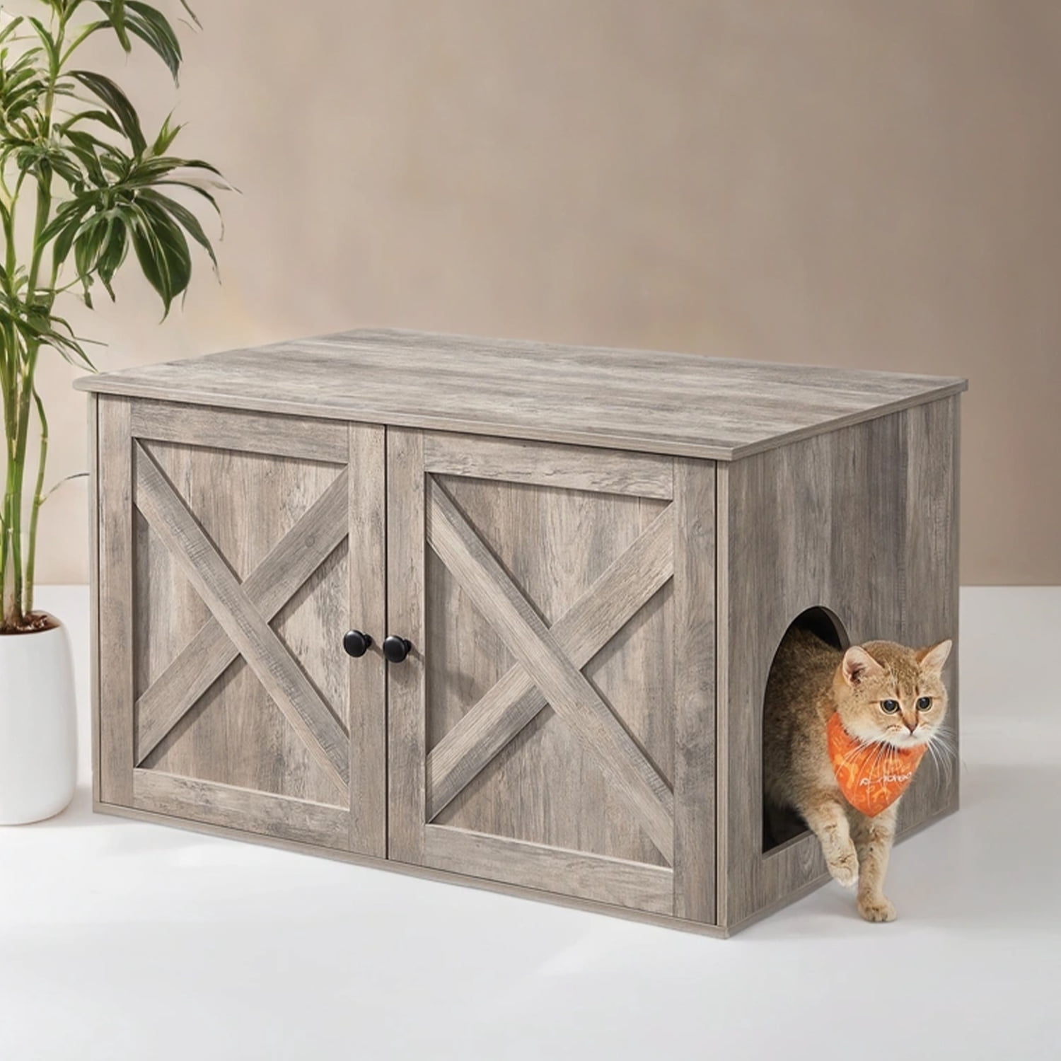 LEDREM Cat Litter Box Furniture Enclosure,Multi-Functional Hidden Washroom with Removable Divider for Indoor,L,Greige