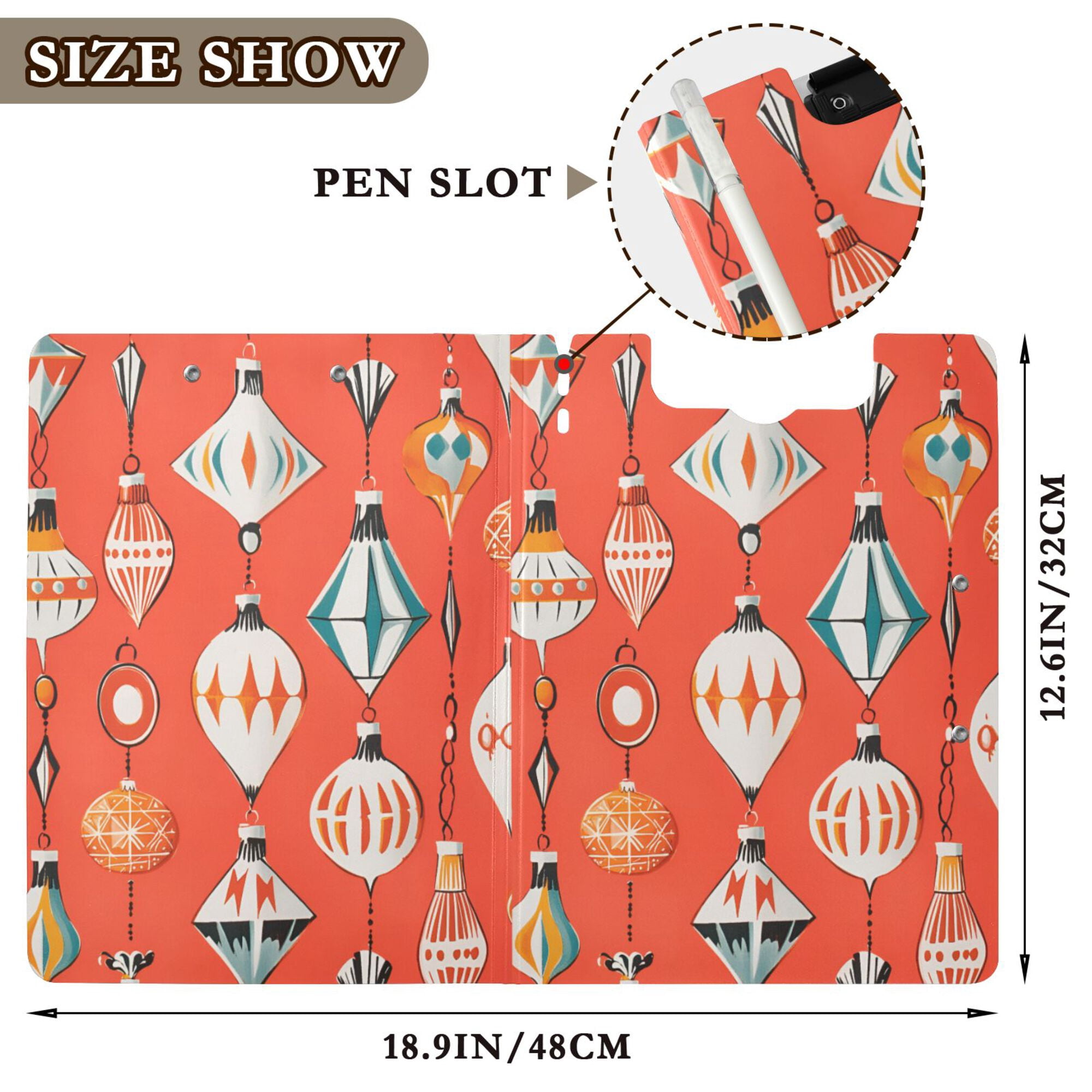 FORMRS A4 Clipboard Folder with Pen Holder Horizontal Foldable School Office Binder, Retro Christmas Ornaments Pattern