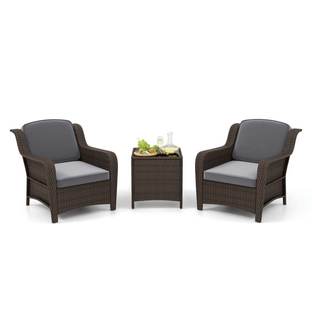 GVN Outdoor Furniture Sets, Outdoor Conversation Set,3 Pieces Outdoor Rattan Furniture Set with Cushions and Tempered Glass Coffee Table-Gray GVN Outdoor Furniture Sets, Outdoor Conversation Set,3 Pieces Outdoor Rattan Furniture Set with Cushions and Tempered Glass Coffee Table-Gray
