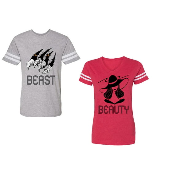 Beast Beauty Unisex Couple Matching Cotton Jersey style T-Shirt Contrasting stripes on sleeves (Men Heather / Women Red) (Men L / Women L)