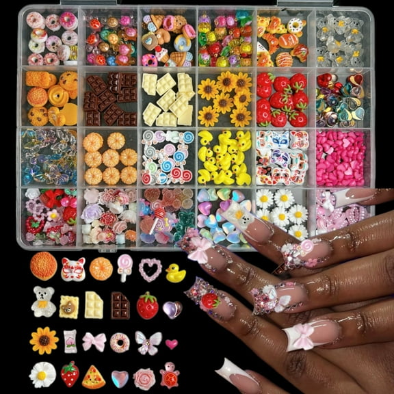 3D Nail Charms At-Home 24-Compartment Box with Chocolate, Strawberry & Duck Charms, Assorted Colors, Cartoon & Sweets