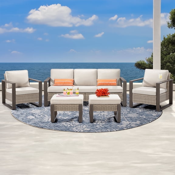 MeetLeisure 5 Pieces Wicker Patio 75" Sofa Set, All Weather Rattan Outdoor Conversation Furniture with Wood-Looking Metal Armrest & Removable Cushions for Deck Backyard Porch, Beige