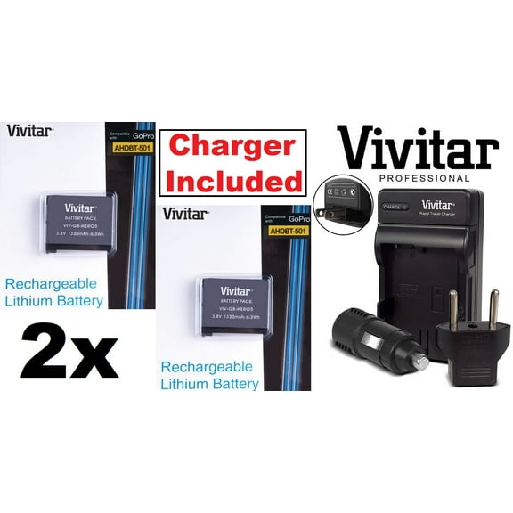 2-Pcs AHDBT-501 Li-Ion Battery With Rapid Charger for GoPro HD HERO5 Hero-5