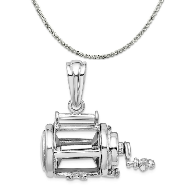 Carat in Karats Sterling Silver Polished Finish 3D Moveable Fishing Reel  Charm Pendant (28mm x 26mm) With Sterling Silver Rope Chain Necklace 16'' 