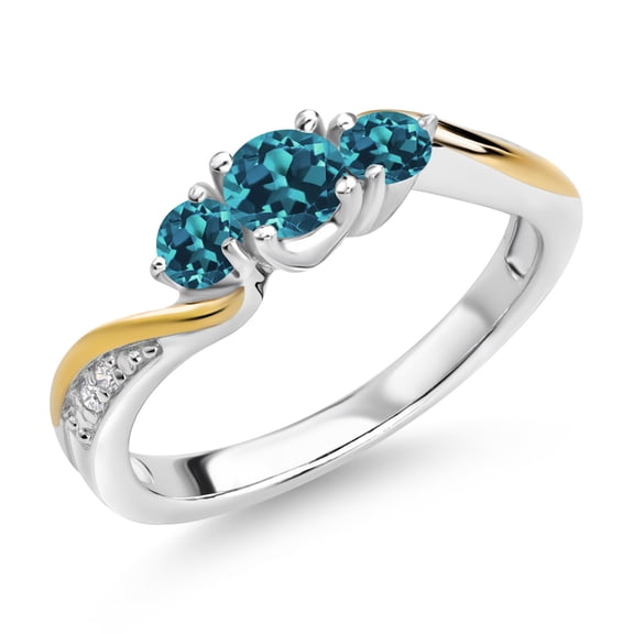 Gem Stone King 925 Sterling Silver and 10K Yellow Gold London Blue Topaz and White Lab Grown Diamond 3 Stone Engagement Ring for Women (0.62 Cttw, Gemstone November Birthstone, Size 6)