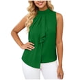thumbnail image 2 of Women Sleeveless Pleated Mock Neck Blouse, Asymmetrical Hem Flowy Top, Solid Casual Shirt, 2 of 7