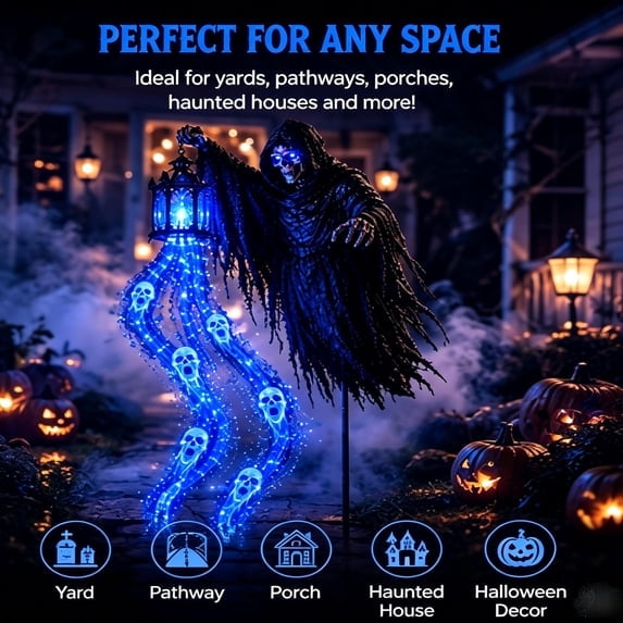 Oceanwell Clearance! Soul Harvester Animated Garden Light – Solar Powered Flowing Ghost Lantern with Rising Reaper Effect, Outdoor Ground Stake Haunted Yard Decor for Party,Multicolor