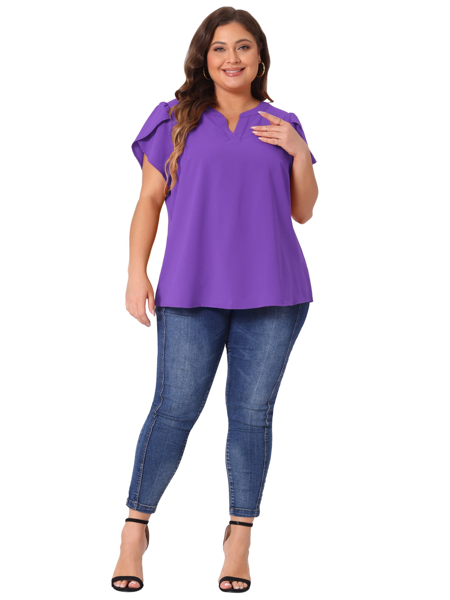 DARING DIVA Women's Plus Blouses Notched V Neck Short Petal Sleeve Shirts Tops 1X Purple