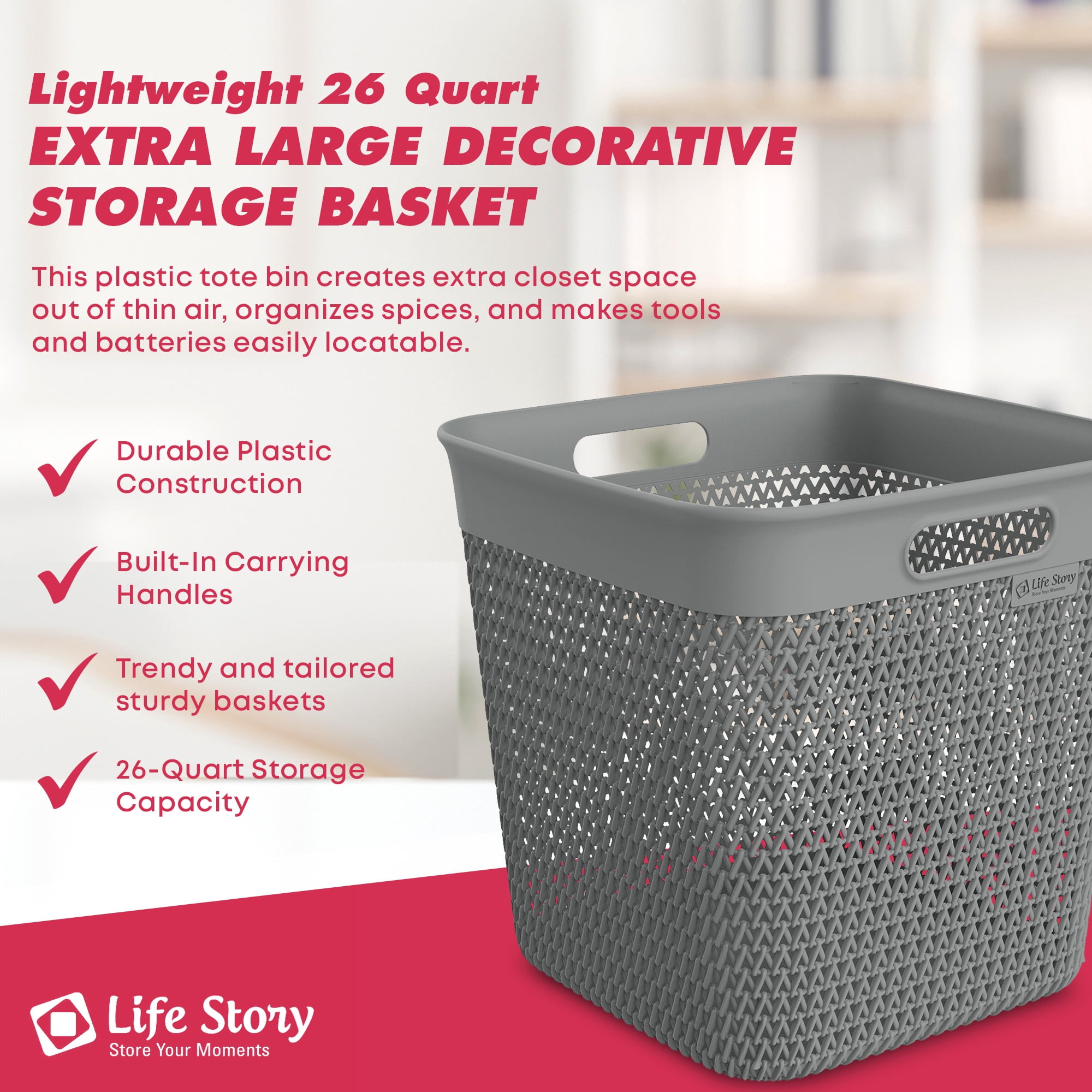 Life Story 26 Quart Decorative Storage Basket, Extra Large Plastic Home Organizer, Gray