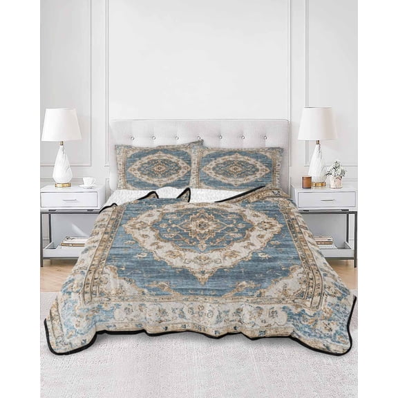 Quilts Queen Size, Boho Blue Soft Comforter Bedding Set for Bed, Retro Tribal Traditional Distressed Printed Lightweight Quilted Bedspread with Pillow Cover(2 Pieces) for All Season, 90x96 Inch