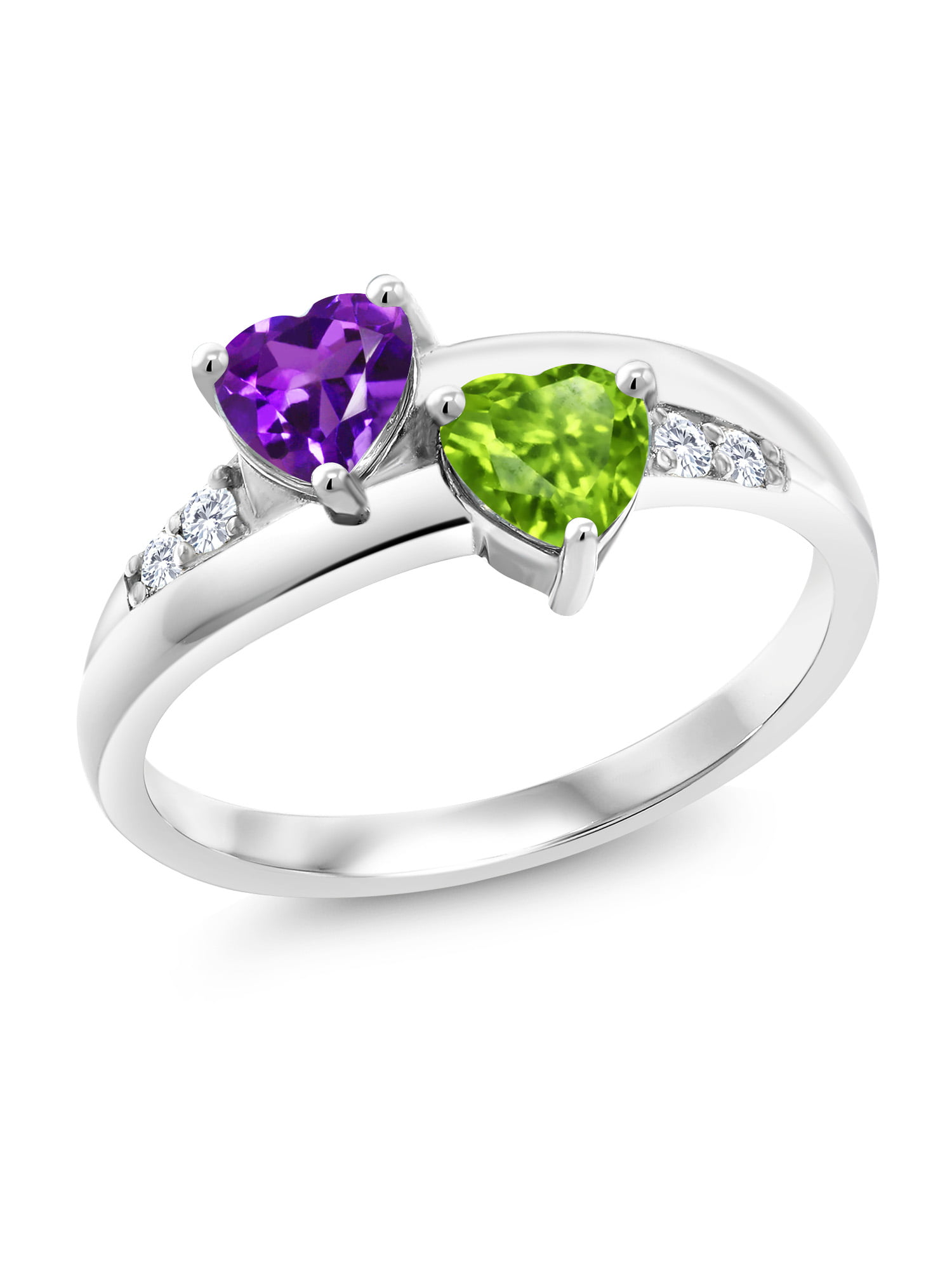 Gem Stone King 0.98 Ct Heart Shape Purple Amethyst Green Peridot 925  Sterling Silver Lab Grown Diamond Ring