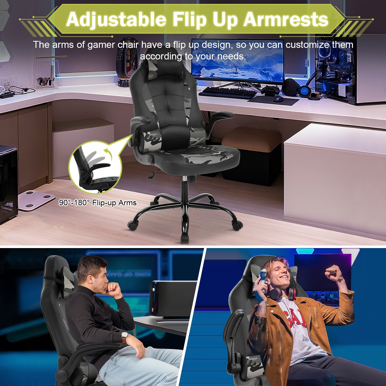Video Game Chair High Back Gaming Chair PU Leather Racing Chair with Headrest Lumbar Support & Flip-up Arms , Adjustable Gamer Chair for Adults & Kids, Camo