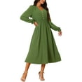 thumbnail image 4 of INSPIRE CHIC Women's Casual Long Sleeve Midi Fall Dresses V Neck Vintage Smocked Waist Flowy Long Dress Green S, 4 of 5
