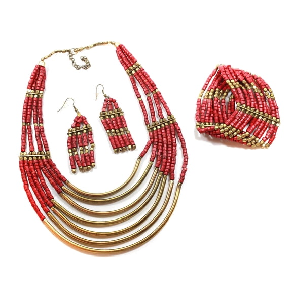 Bohemian Red Beaded Multi-Layer Statement Jewelry Set with Gold Tone Accents - Necklace, Bracelet and Earrings Necklace Bracelet Gold Metal