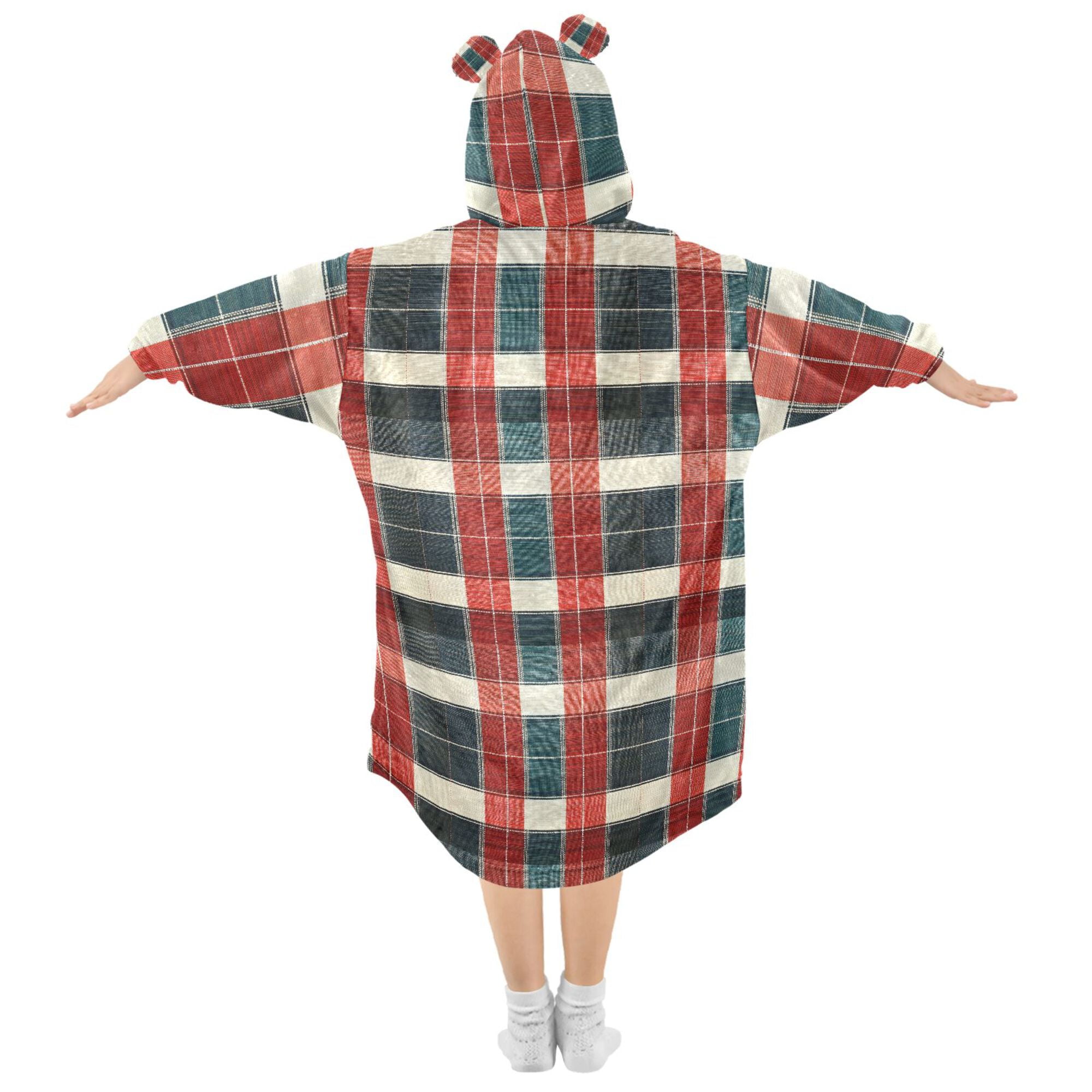 FORMRS Wearable Blanket Hoodie with Sleeves for Kids Cozy Flannel Sweatshirt, Vibrant Red Tartan Pattern