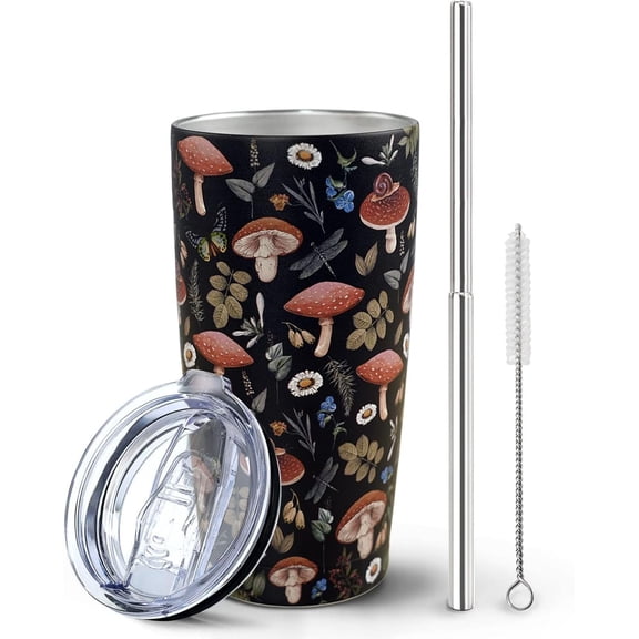 Plant Mushroom Tumbler with Lid and Straw, Cute Leaf Floral Mushroom Gifts for Women Men, Black Mushroom Cup Water Bottle Coffee Mug Stainless Steel Vacuum Insulated Tumblers 20 Oz