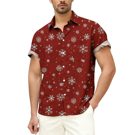 Stamzod Mens Christmas Hawaiian Shirt Xmas Snowflake Short Sleeve Oversized Shirt Holiday Button Down Shirts for Men Hot Pink XXXXL
