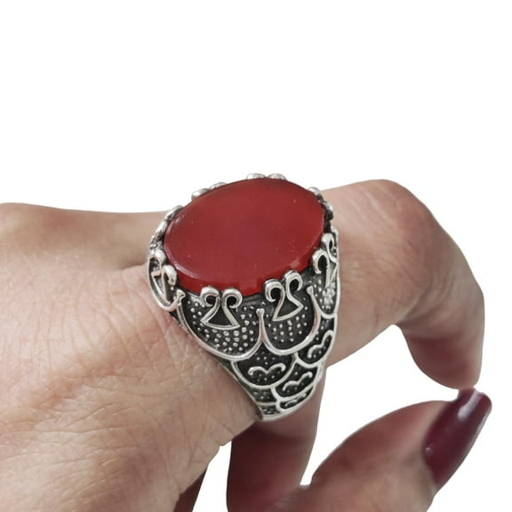 Carnelian Mans Ring, Natural Carnelian Gents Ring, Birthstone Silver Jewelry, 925 Silver Ring, Birthday Gift, Heavy Mens Ring, Arabic Design, Oxidized Mans Ring, Christmas, Turkey Mens Signet Ring