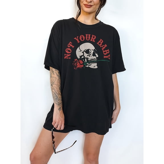 Women's Oversized Gothic Skull Rose Graphic T-Shirt