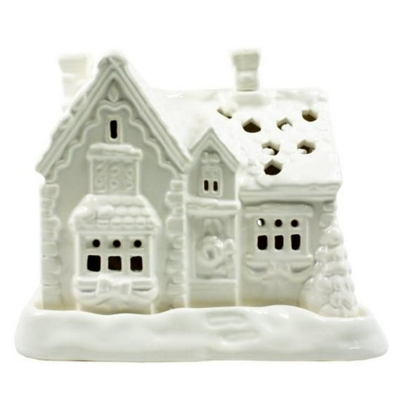 1 X Porcelain White Christmas Cottage Tealight Candle Holder: Comes With 4 Tealight Candles