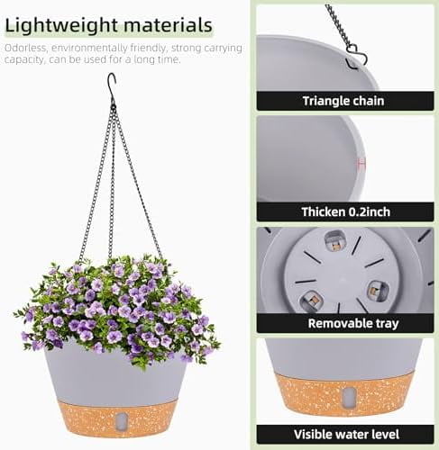 2 Pack Hanging Planters for Indoor Outdoor Plants, 8 Inch Hanging Baskets Flower Pots with Reservoir Tray & Visible Water-Level Light Grey,8 inch