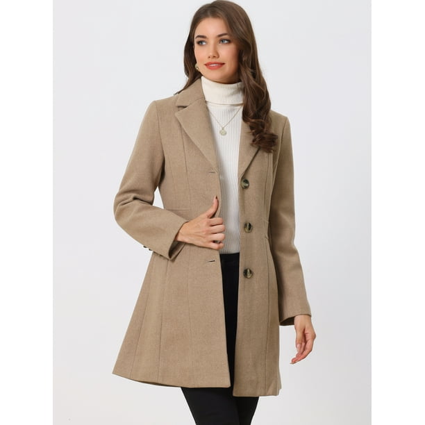 Abrigos largos de invierno con solapa con muesca y un solo pecho para mujer Beige Obscuro L Allegra K Abrigo Walmart en linea