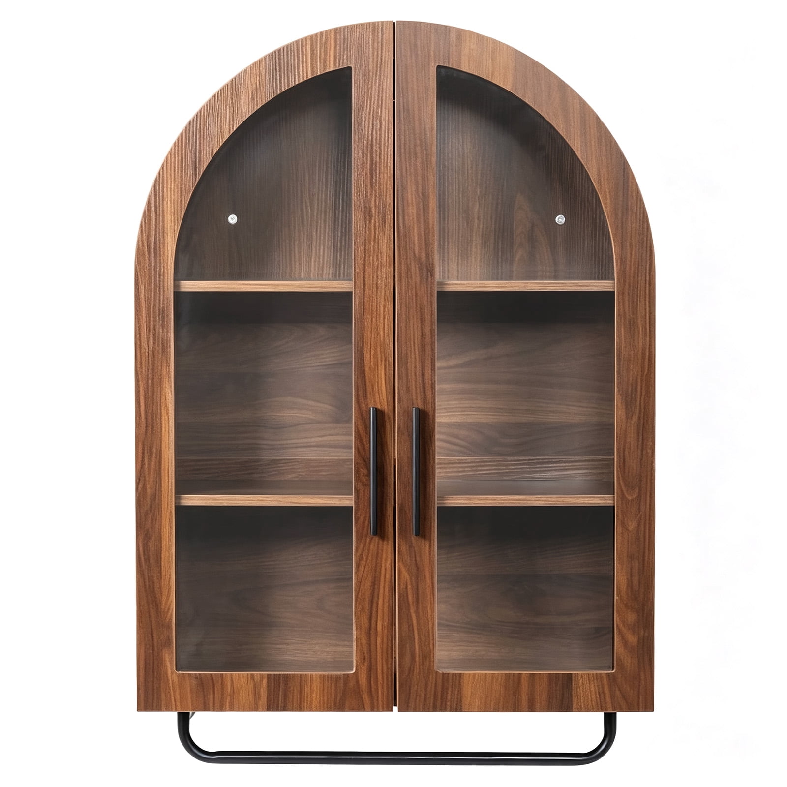 Arched Ceiling 2 Glass Doors 3 Shelves Bathroom Vanity MDF Melamine-Faced Bathroom Vanity with Towel Bar, Walnut 23.62*9.45*31.5in
