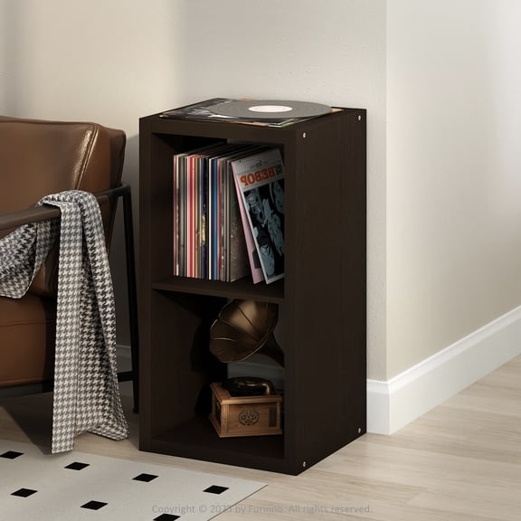 Furinno CUBICLE Vintage Vinyl Record Media Storage Organizer 2-Cube Dark Oak