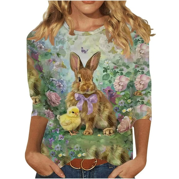 Idoravan Summer Blouses for Women Plus Size Womens 3/4 Sleeve Tops Women's New Easter Round Neck Pullover 3/4 Sleeve Casual Printed Top