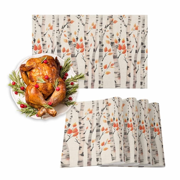Fall Placemat Hand Drawn Tree Thanksgiving Placemats for Dining Table Orange Leaves Forest Beige Washable Table Mats for Party Kitchen Dining Decoration Set of 4
