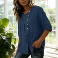 thumbnail image 5 of Mifsaly Vacation Tops for Women Button Down Short Sleeve Linen Shirts with Drawstring Hem Lightweight Flowy Loose Fit Textured Summer Boho Clothes Blue,L, 5 of 7
