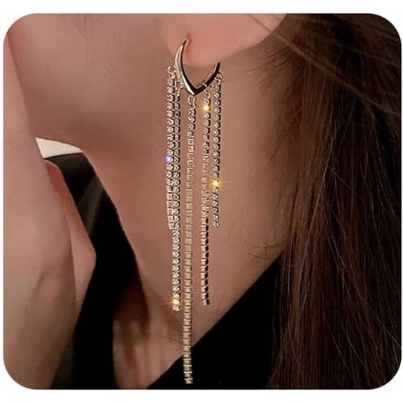 Long Gold Chandelier Earrings for Women Unique Tassel Chain Statement Earrings Bling Rhinestone Dangle Earring Trendy Prom Jewelry Accessories