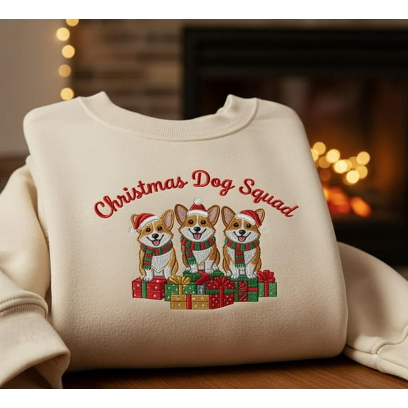 Christmas Dog Squad Corgi Sweatshirt, Cute Santa Dog Embroidered Crewneck, Holiday Gift for Pet Lovers