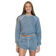 Juniors' madden girl Sherpa Raglan Bubble Top Color: Slate Blue Size: MEDIUM