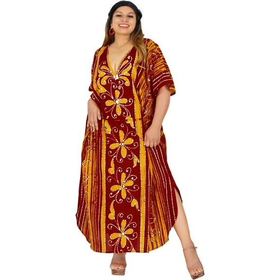 HAPPY BAY Women's Summer Batik Sleepwear Caftan Maxi Loungewear Dashiki House Dress with Pockets Nightgowns for Women 2X-3X tangerine, Floral
