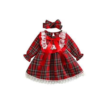 

Canrulo Toddler Baby Girl Christmas Dress Princess Long Sleeve Bowknot Lace Plaid Tutu Dresses Headband 2Pcs Outfits Red 12-18 Months