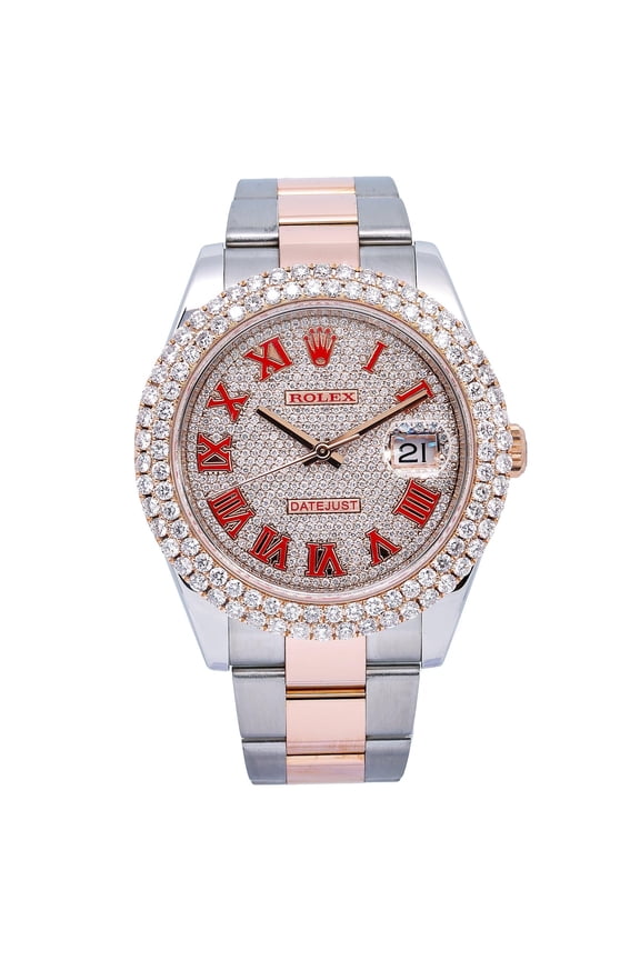 Pre-Owned Rolex Datejust 41MM 126331 Diamond Paved Red Roman Dial Diamond Bezel Two Tone Rose Gold Oyster Bracelet