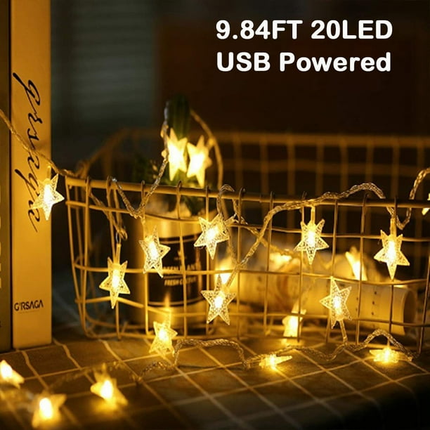 Star String Lights Christmas Lights, USB Powered Star Fairy Lights with 20 Clear Warm White