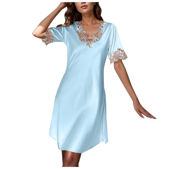DHFJKG Nightgowns For Women Silk Satin Sleepwear Short Sleeve V Neck Pajama Lace Trim Soft Mini Sleep Dress Summer Lightweight Stylish Home Clothes