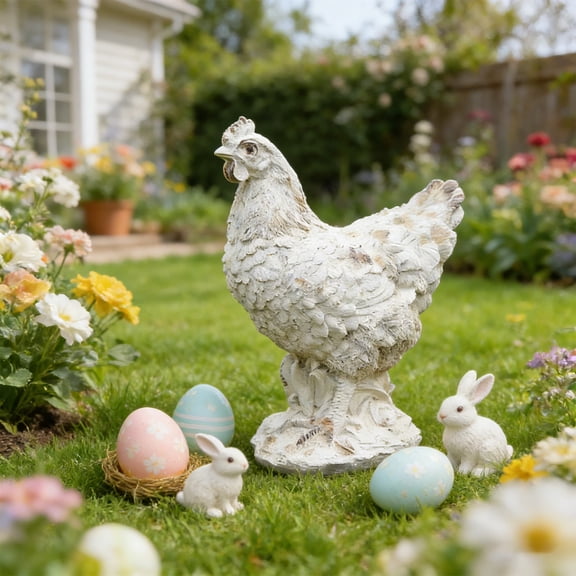 Fasiaou Resin Easter Chicken Figurine, Realistic Garden Statue, Hand-Painted Outdoor Decor for Patio, Spring Home Decoration, Farmhouse Rooster Ornament