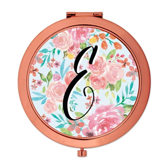Koyal Wholesale Compact Mirror Bridesmaid's Wedding Gift, Rose Gold, Monogram Letter E, Tea Party Pink Floral Flowers
