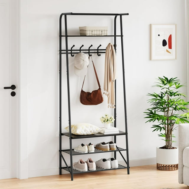 BeesClover Wooden Coat Rack with Shoe Bench, Sturdy Shoe Rack Organizer for Hallway, Mudroom, Bedroom